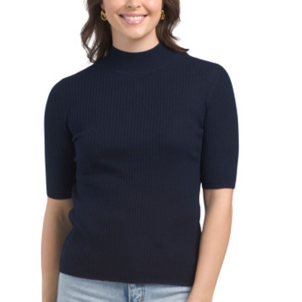 Halston Navy Extra Fine Merino Wool Elbow Sleeve Mock Neck Pullover Sweater